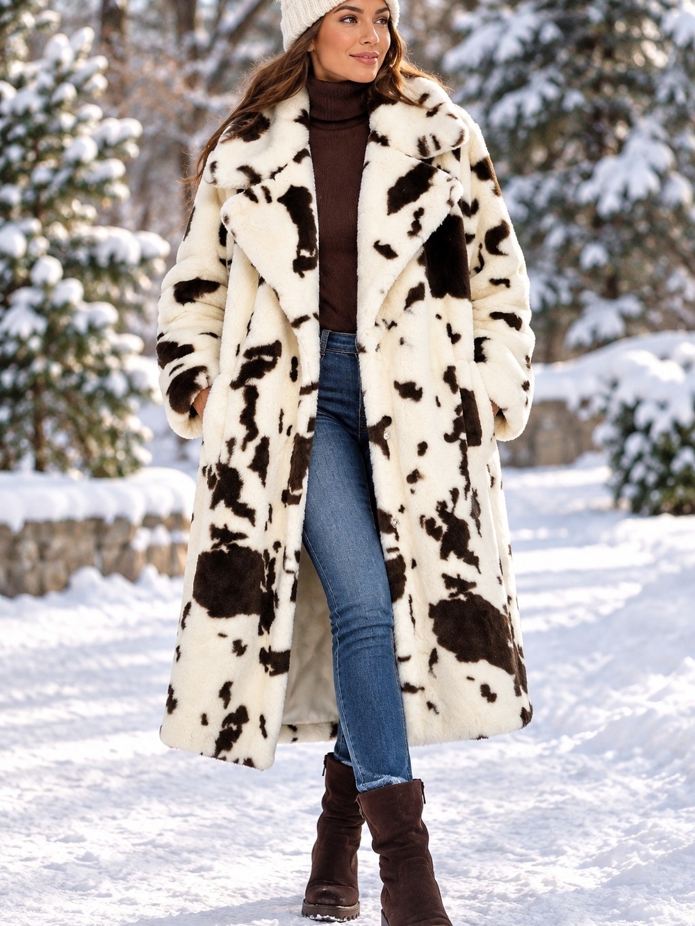 Faux Fur Long Coat in Cream & Brown